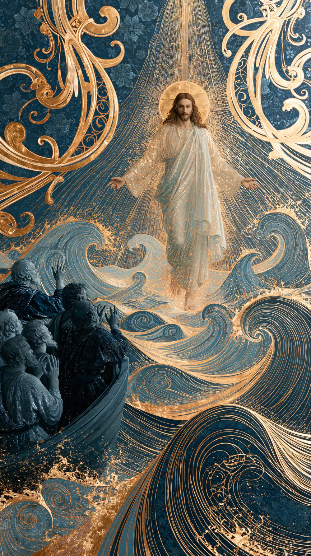 Jesus walking on water in Sacred Art Nouveau style, portrait Christian artwork no. 3