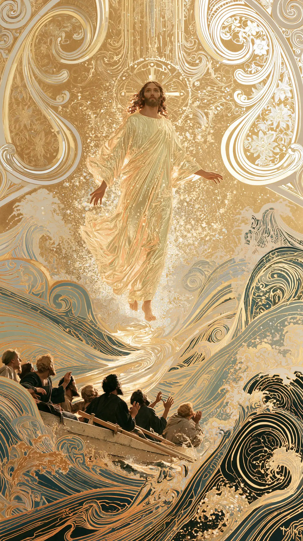 Jesus walking on water in Sacred Art Nouveau style, portrait Christian artwork no. 4