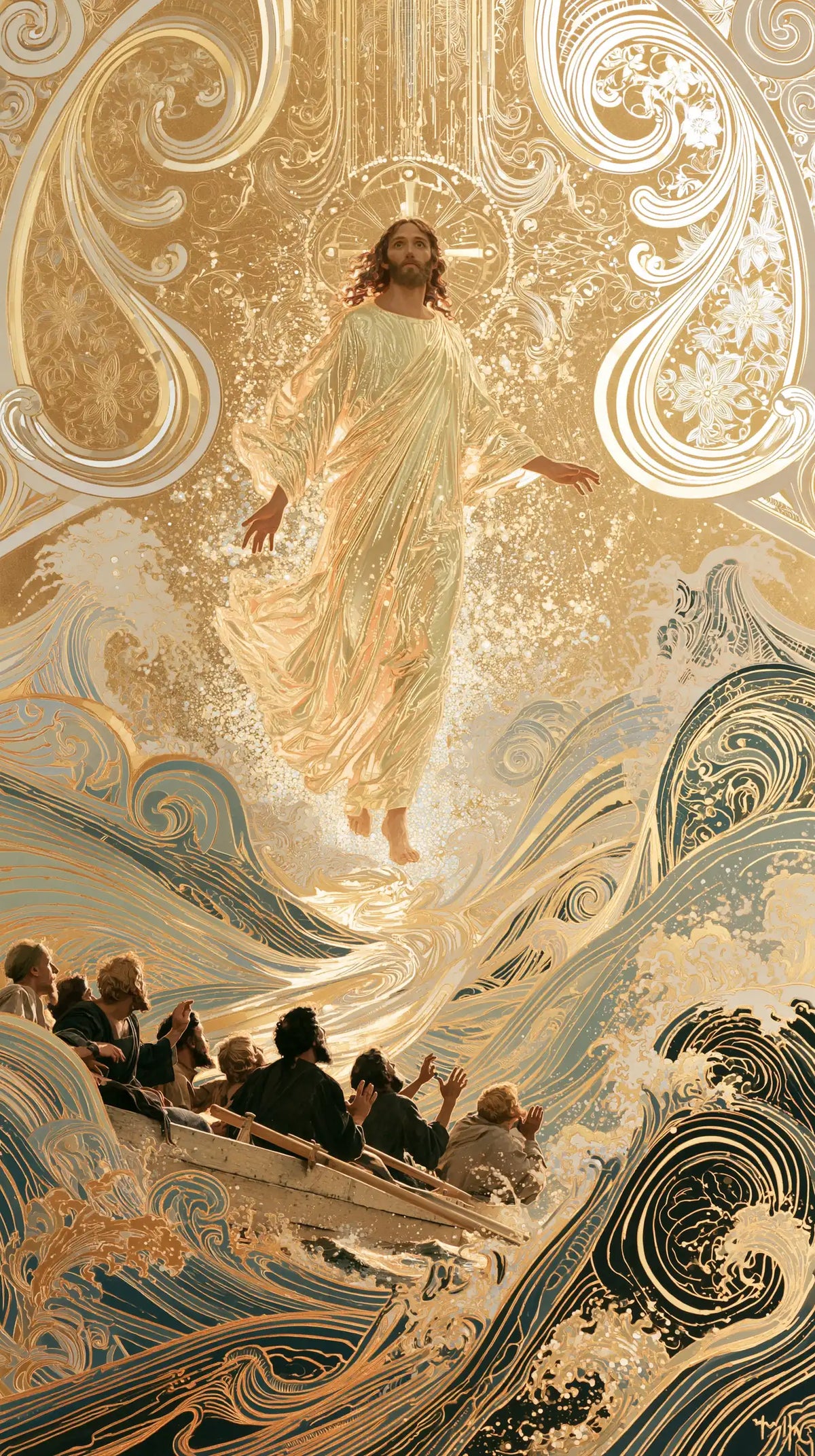 Jesus walking on water in Sacred Art Nouveau style, portrait Christian artwork no. 4