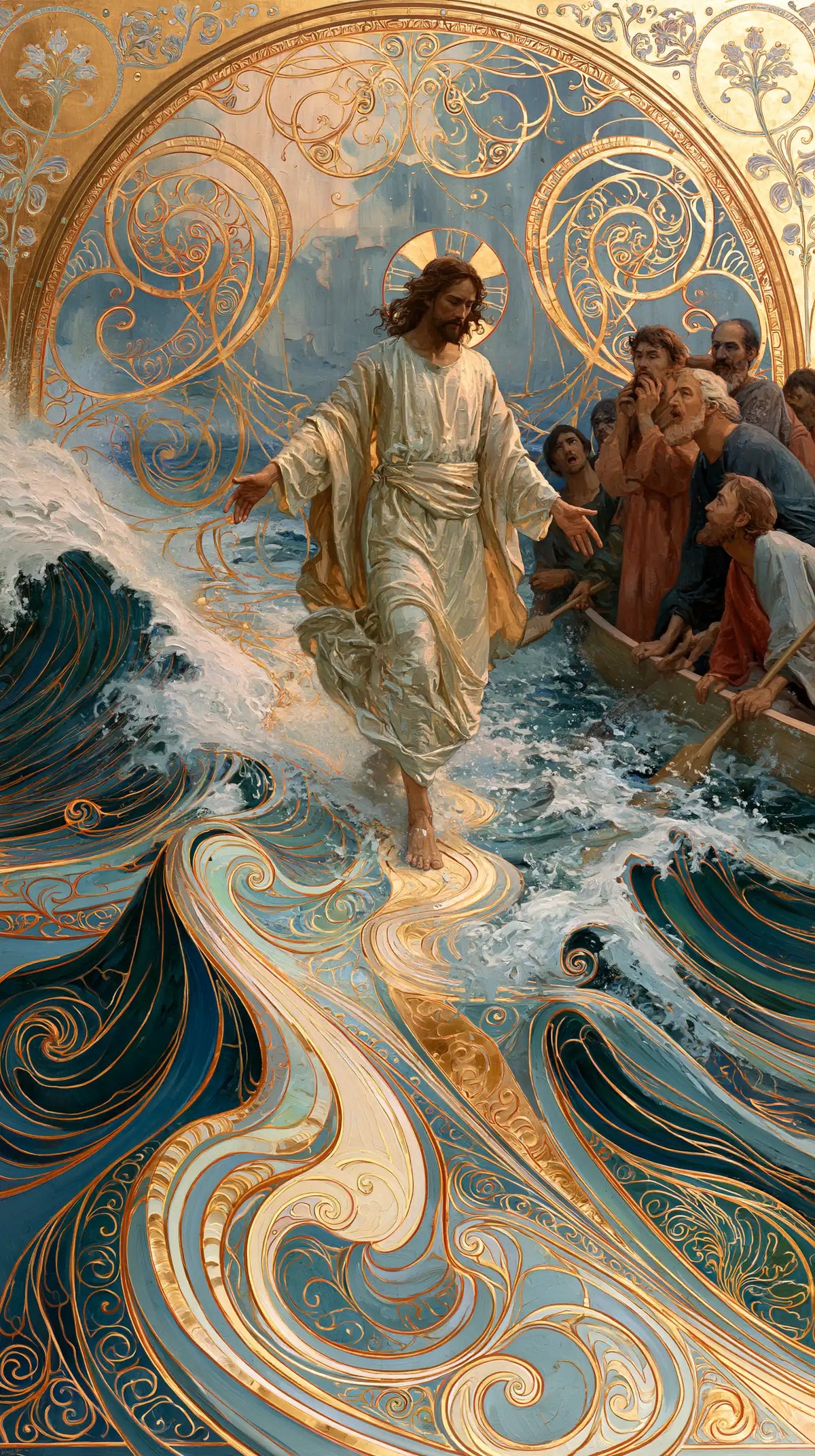 Jesus walking on water in Sacred Art Nouveau style, portrait Christian artwork no. 5
