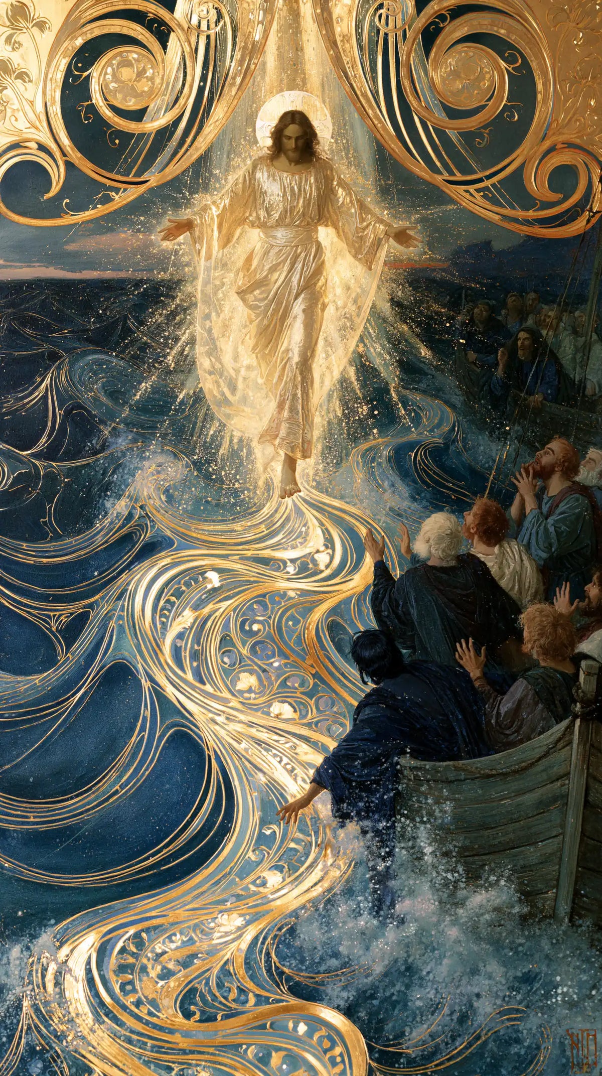 Jesus walking on water in Sacred Art Nouveau style, portrait Christian artwork no. 6