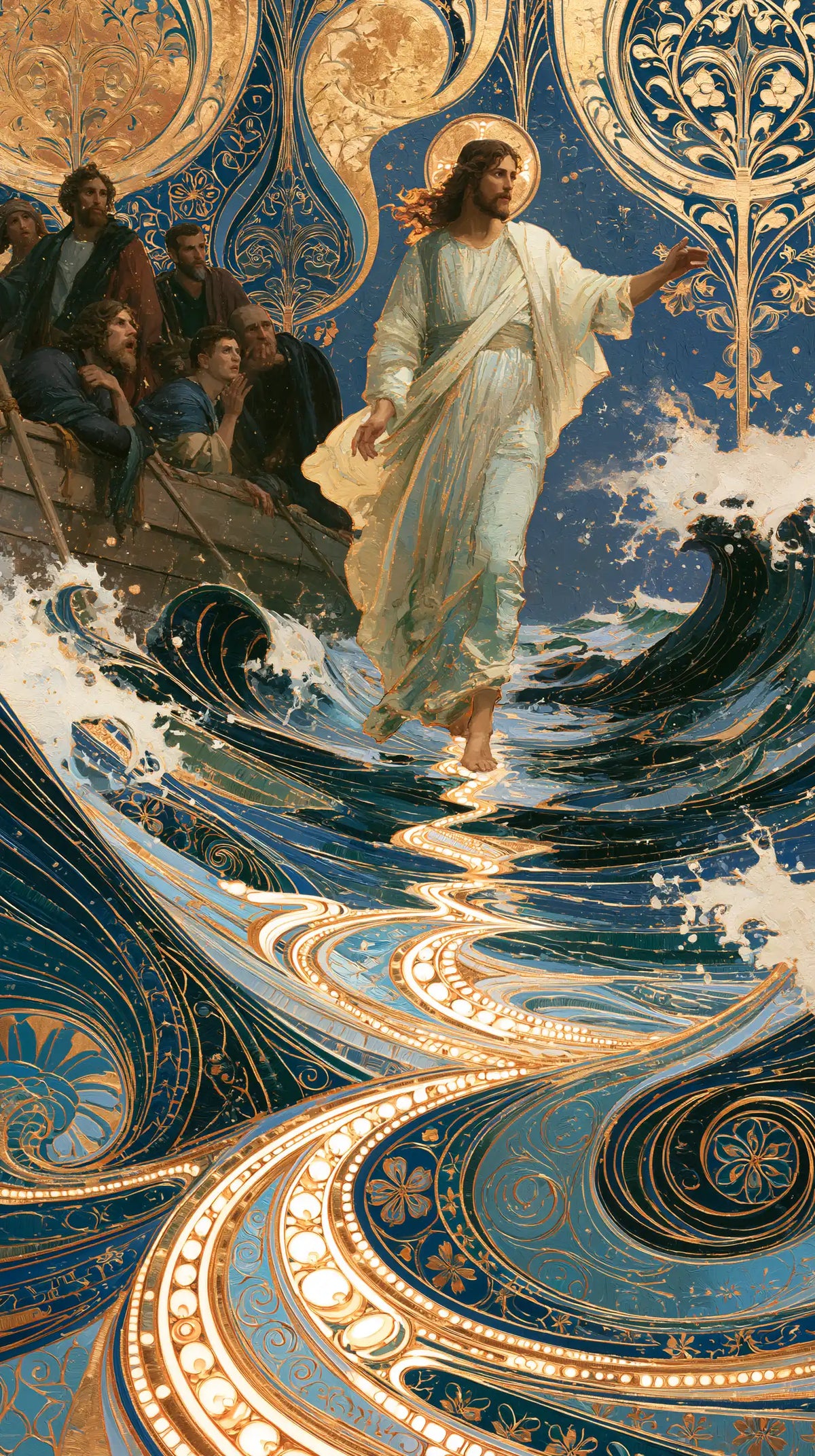 Jesus walking on water in Sacred Art Nouveau style, portrait Christian artwork no. 7