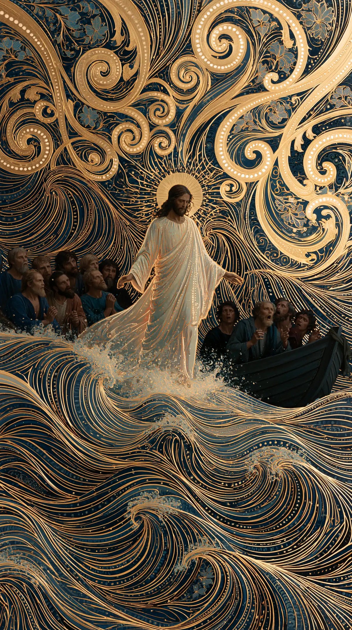 Jesus walking on water in Sacred Art Nouveau style, portrait Christian artwork no. 10