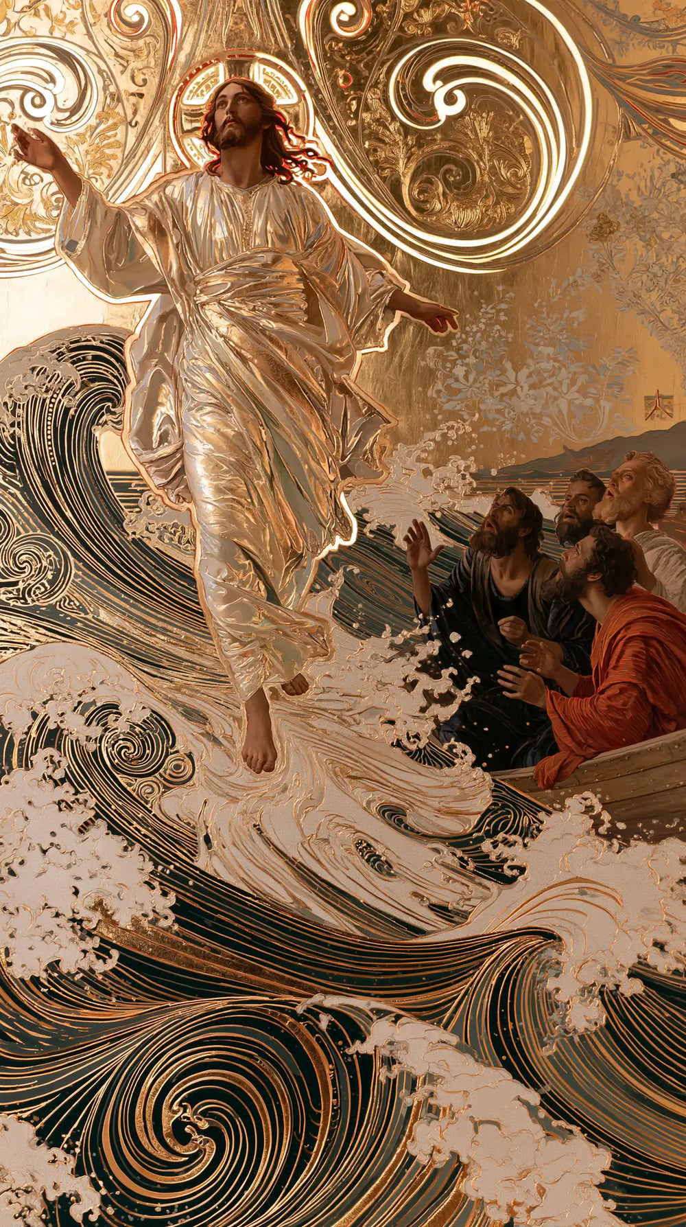 Jesus walking on water in Sacred Art Nouveau style, portrait Christian artwork no. 19