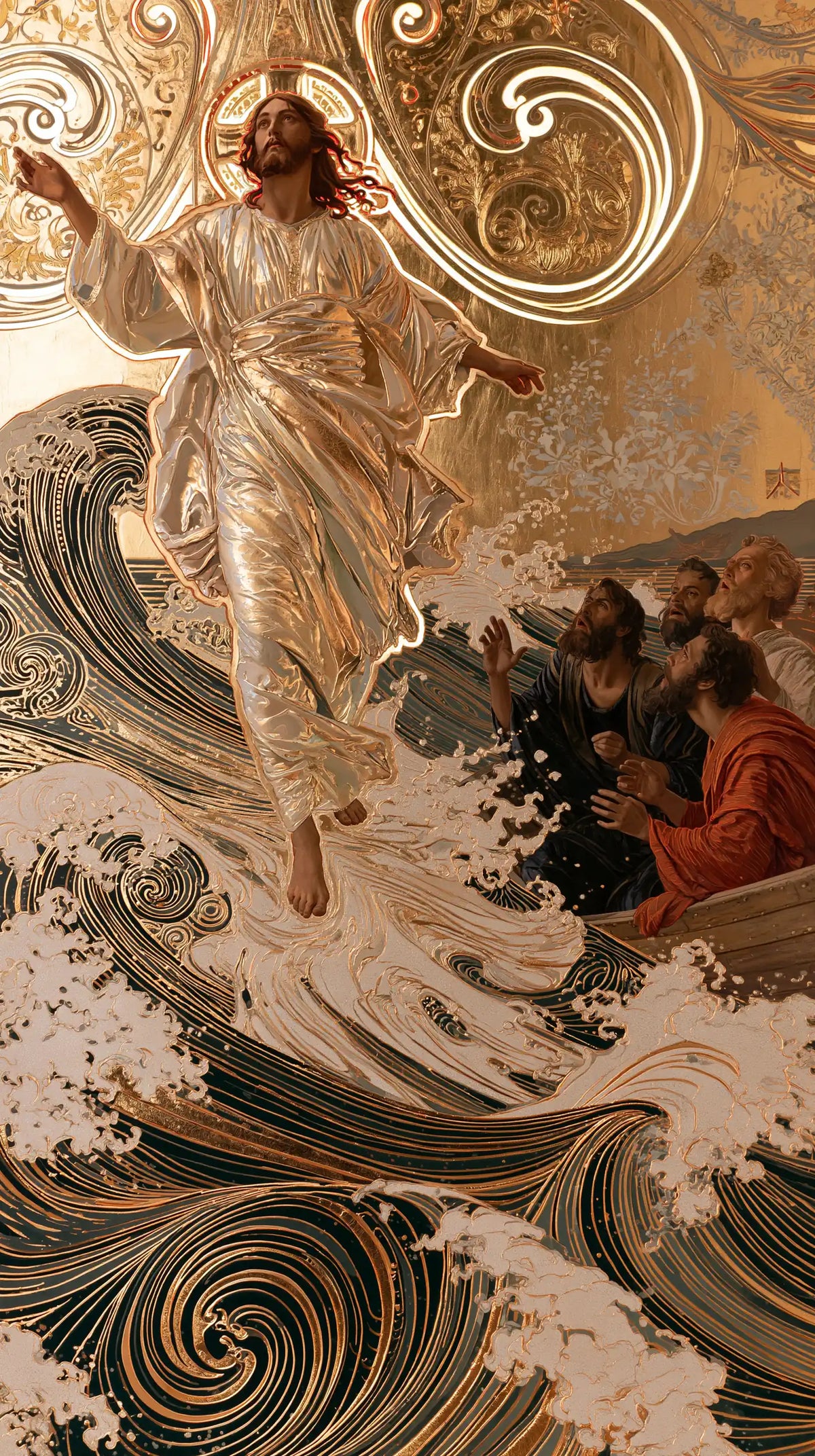 Jesus walking on water in Sacred Art Nouveau style, portrait Christian artwork no. 19