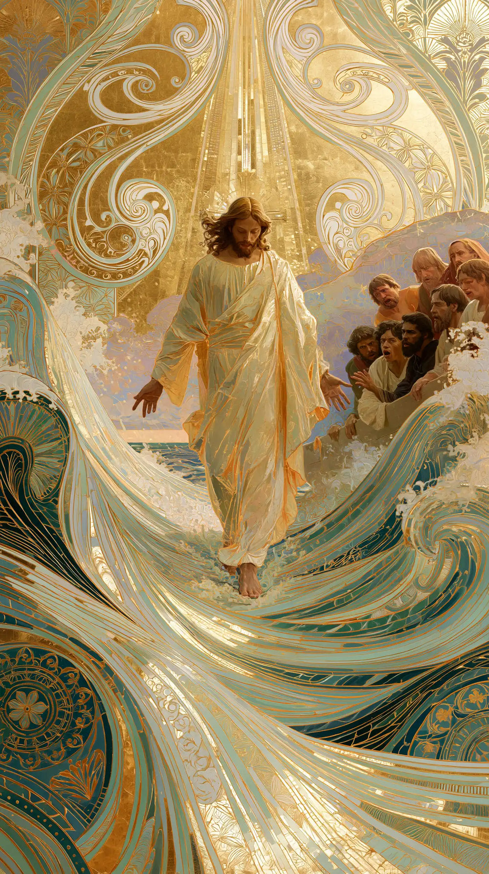 Jesus walking on water in Sacred Art Nouveau style, portrait Christian artwork no. 20