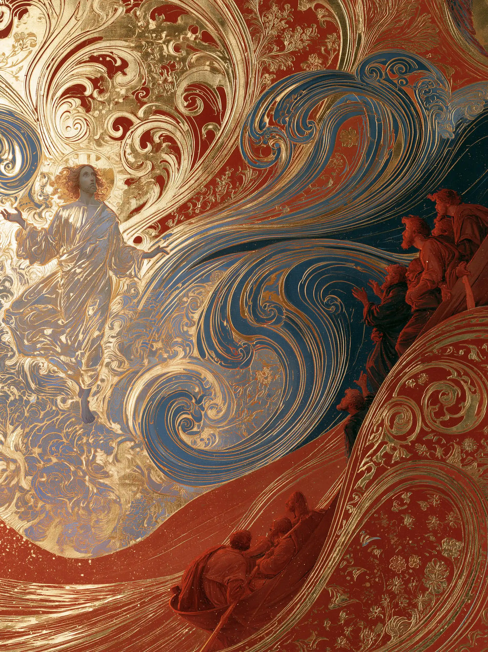 Jesus walking on water in Sacred Art Nouveau style, portrait Christian artwork no. 34