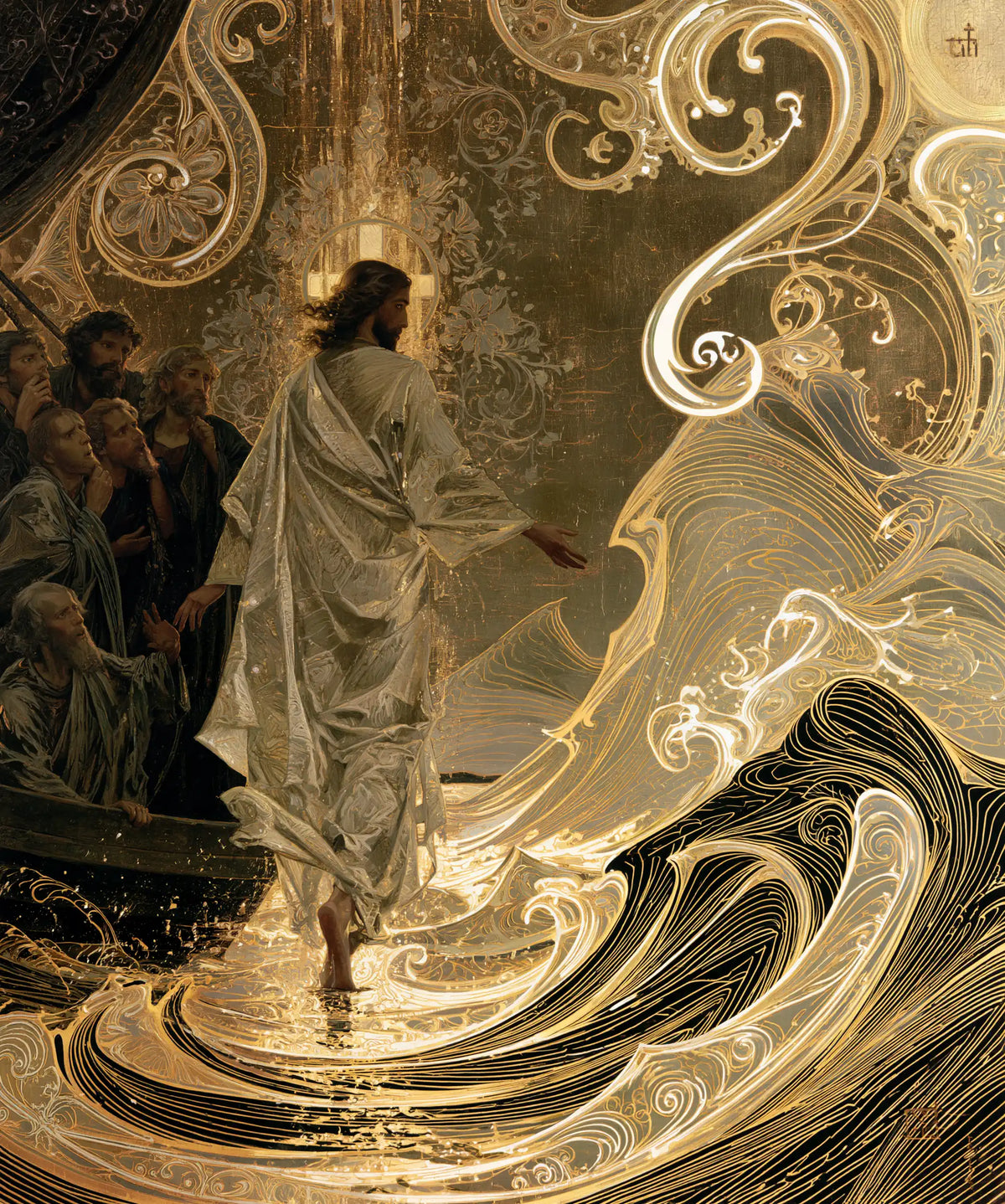 Jesus walking on water in Sacred Art Nouveau style, portrait Christian artwork no. 43