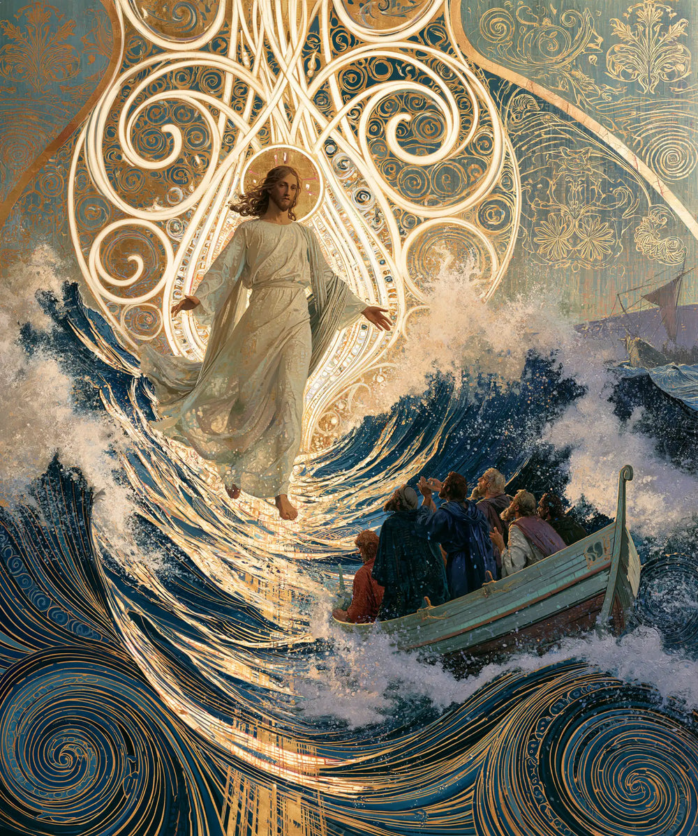 Jesus walking on water in Sacred Art Nouveau style, portrait Christian artwork no. 46