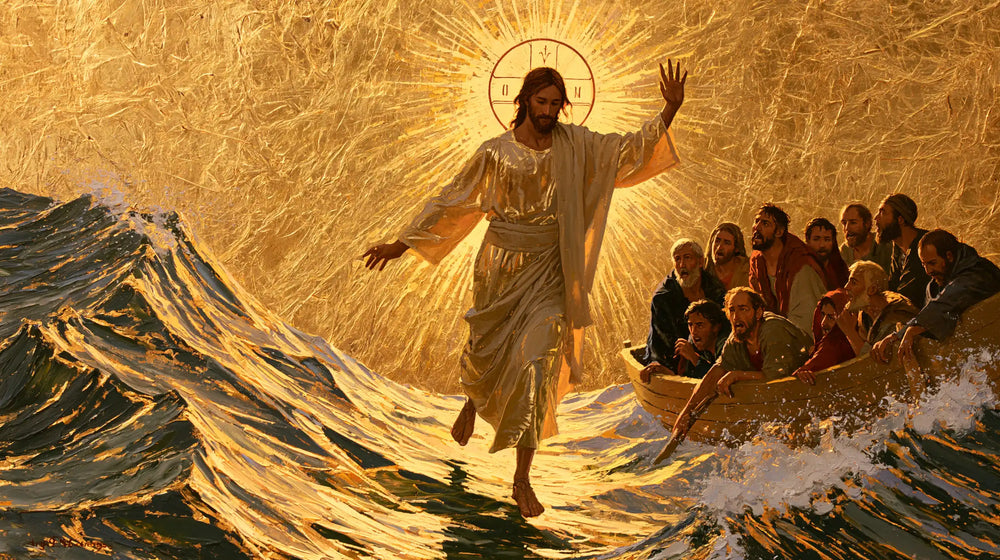 Jesus walking on water in Sacred Gold style, landscape Christian artwork no. 1