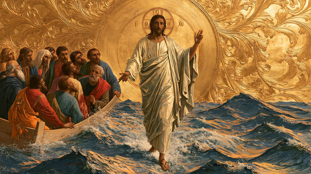 Jesus walking on water in Sacred Gold style, landscape Christian artwork no. 5