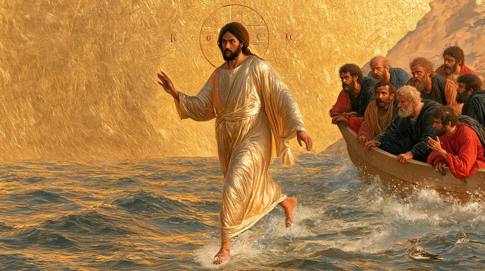 Jesus walking on water in Sacred Gold style, landscape Christian artwork no. 8