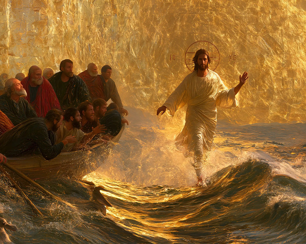 Jesus walking on water in Sacred Gold style, landscape Christian artwork no. 13