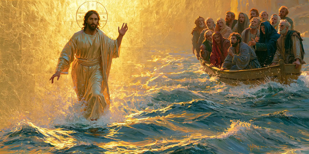 Jesus walking on water in Sacred Gold style, landscape Christian artwork no. 17