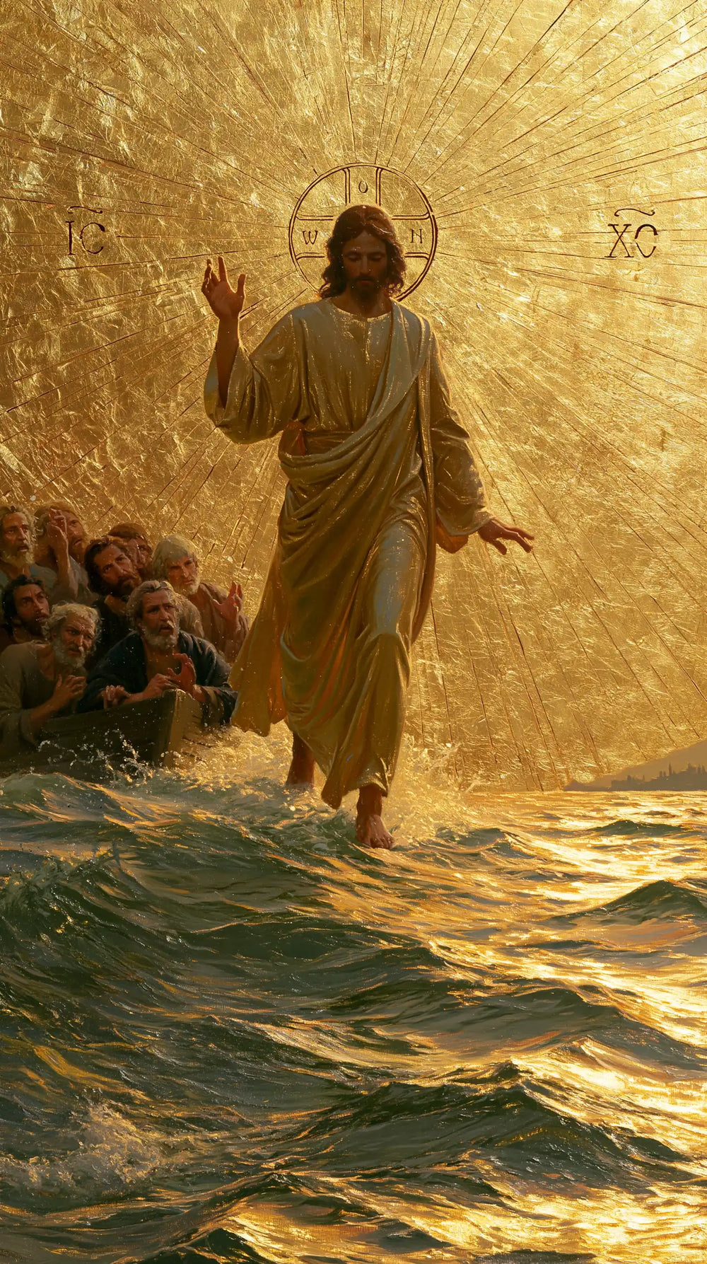 Jesus walking on water in Sacred Gold style, portrait Christian artwork no. 1