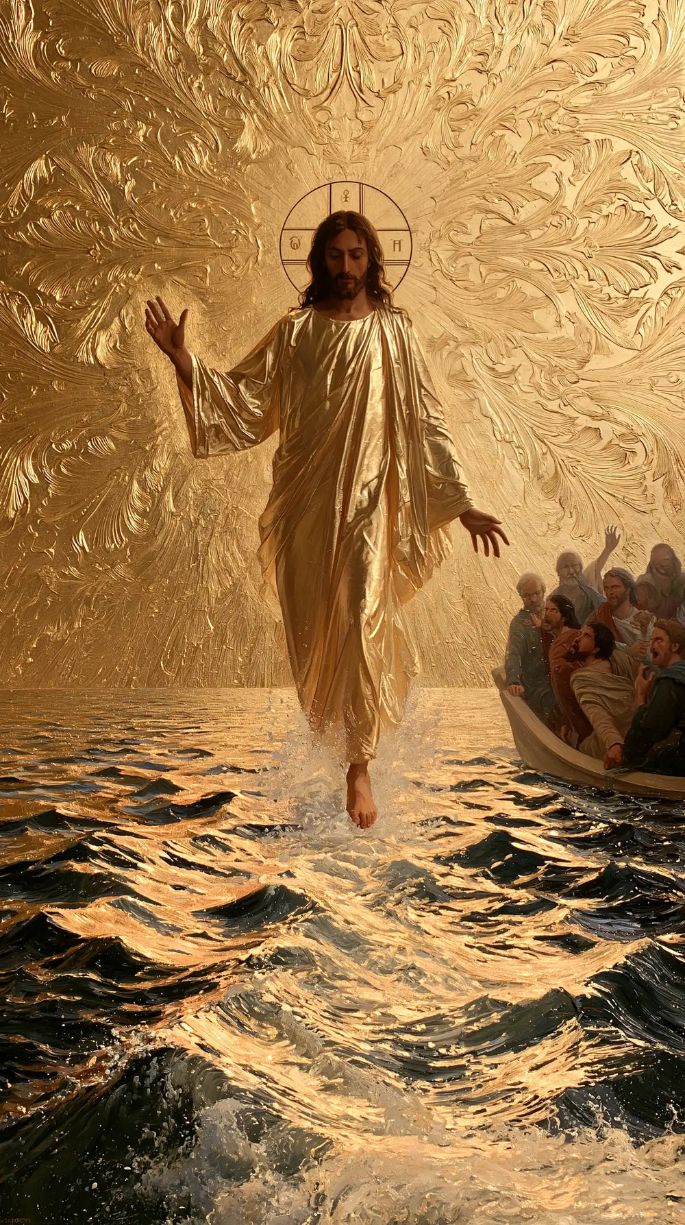 Jesus walking on water in Sacred Gold style, portrait Christian artwork no. 7