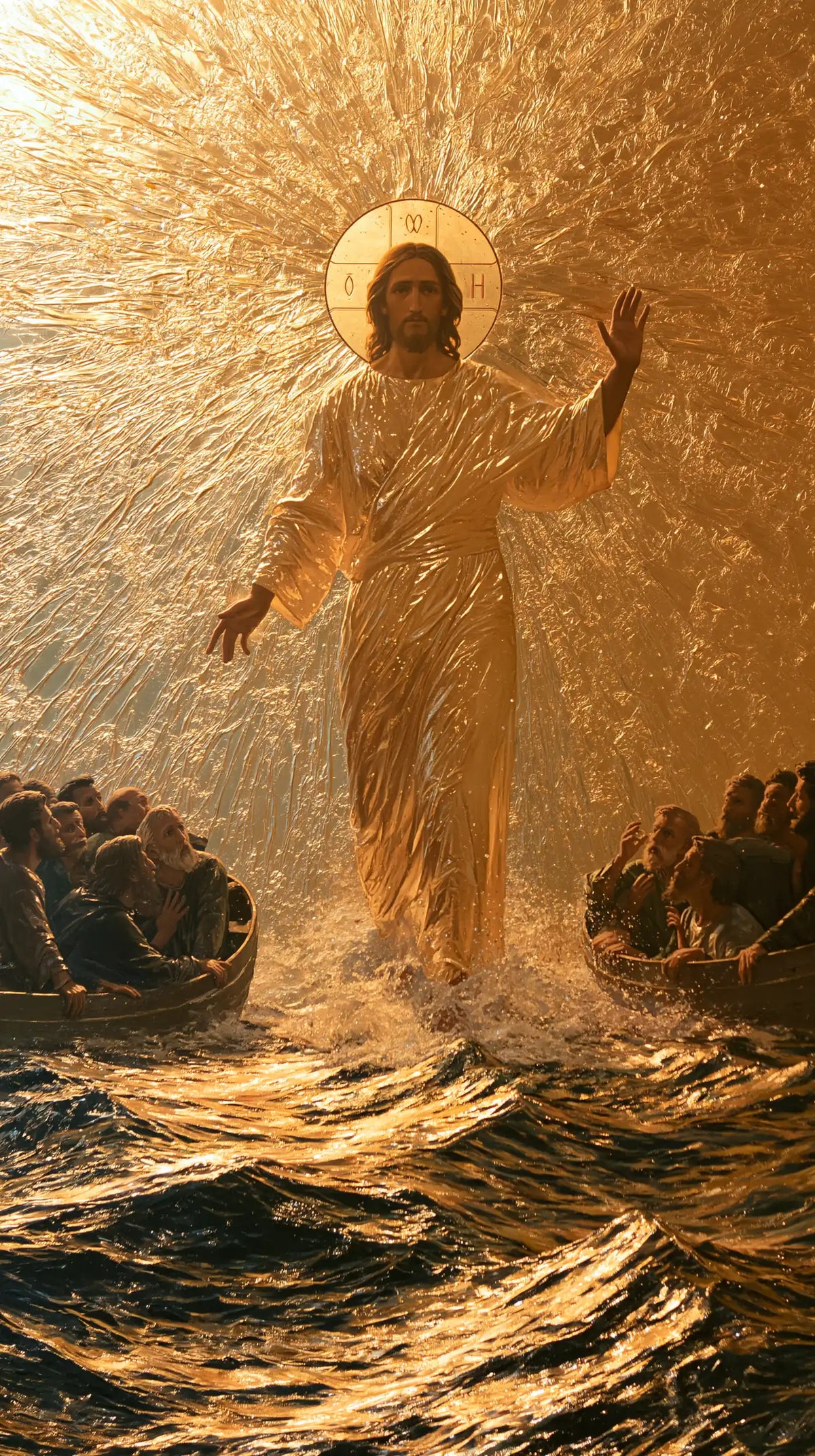 Jesus Walking on Water — Light Spraying between the Two Boats