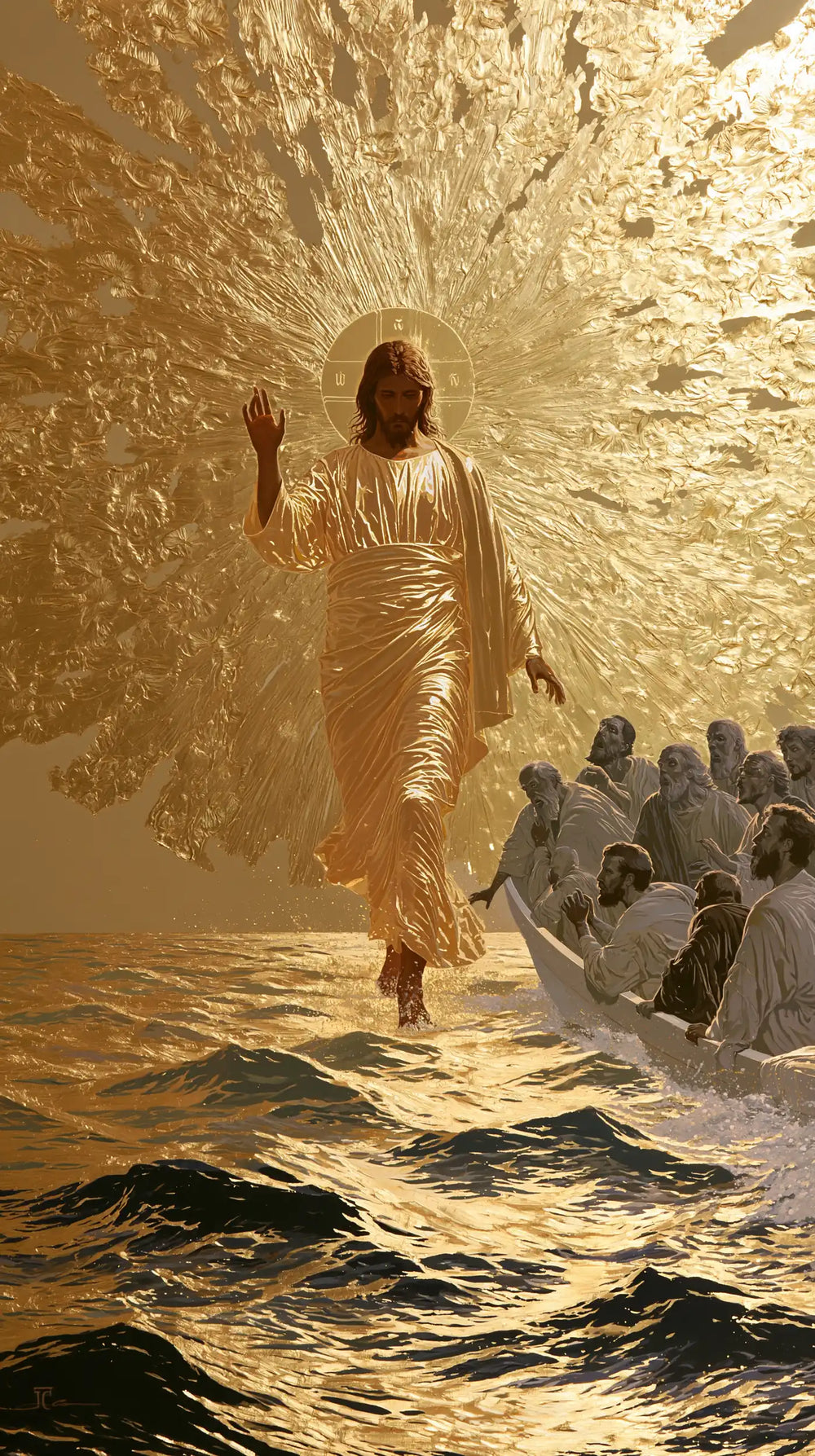 Jesus walking on water in Sacred Gold style, portrait Christian artwork no. 12
