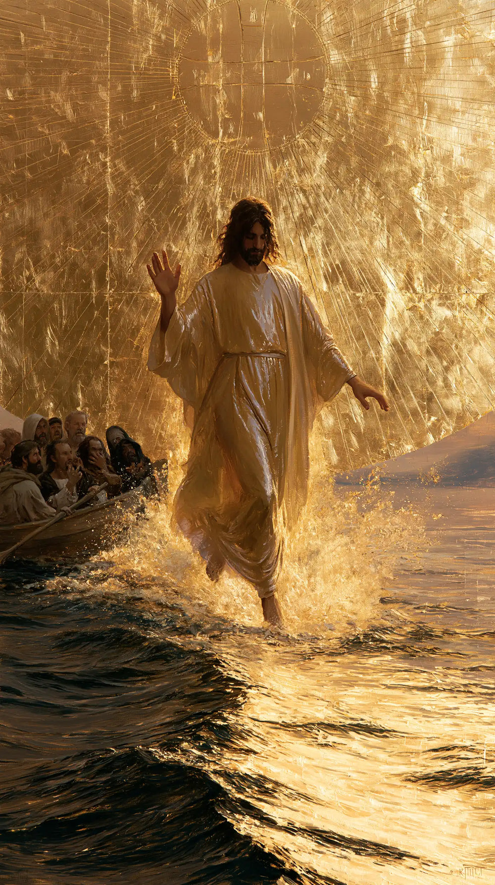 Jesus walking on water in Sacred Gold style, portrait Christian artwork no. 13