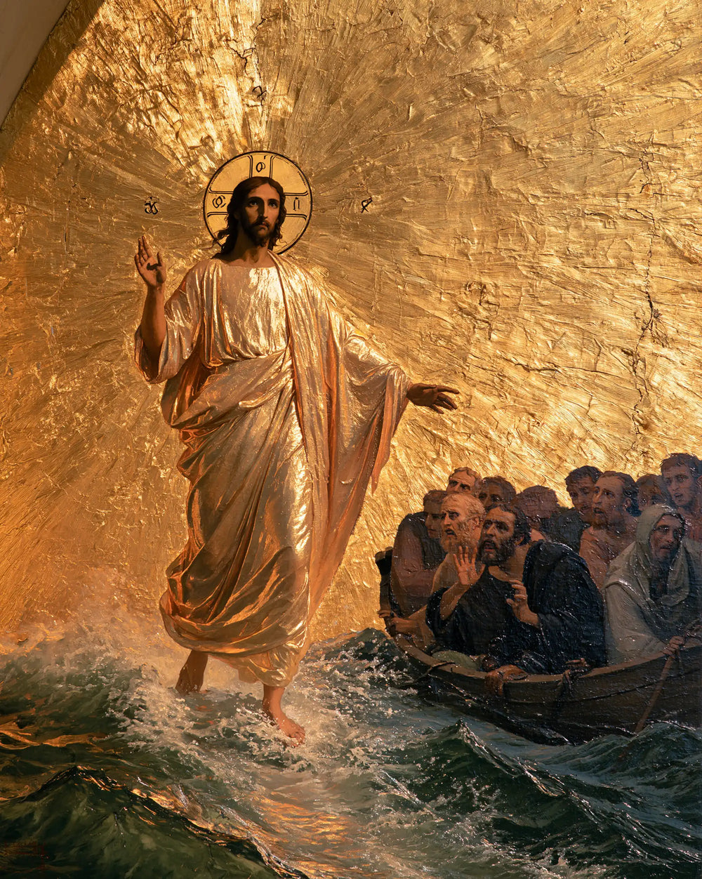 Jesus walking on water in Sacred Gold style, portrait Christian artwork no. 23