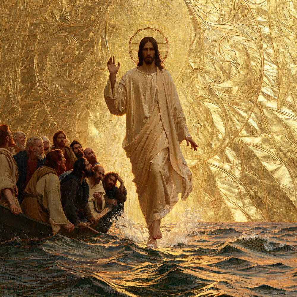 Jesus walking on water in Sacred Gold style, square Christian artwork no. 1