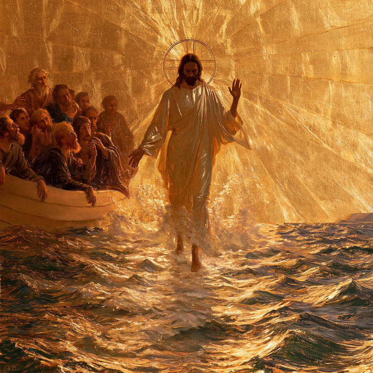 Jesus walking on water in Sacred Gold style, square Christian artwork no. 2