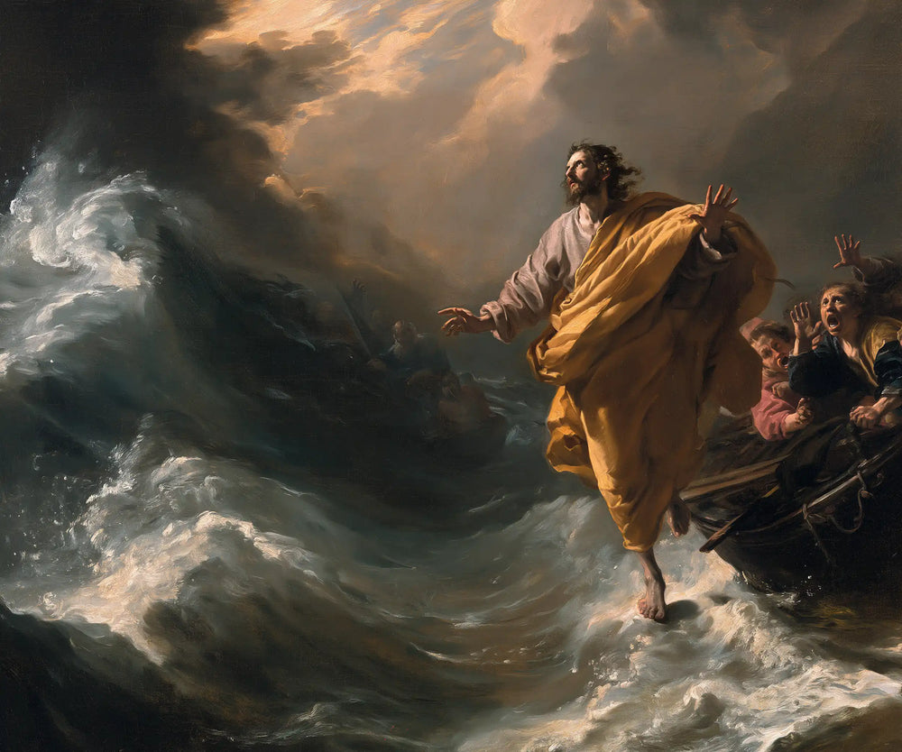 Jesus walking on water in Theatrical Baroque style, landscape Christian artwork no. 8