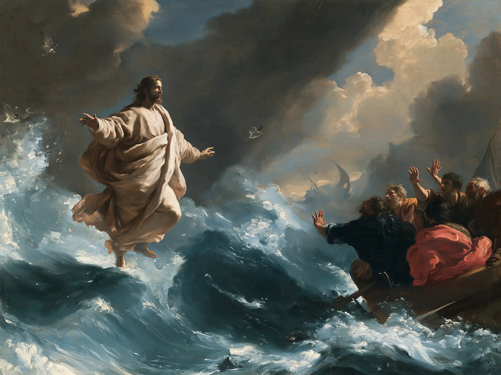 Jesus walking on water in Theatrical Baroque style, landscape Christian artwork no. 10
