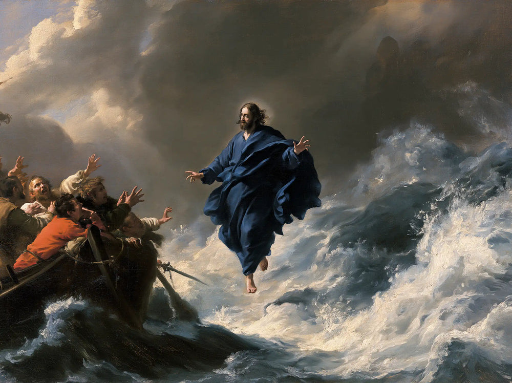Jesus walking on water in Theatrical Baroque style, landscape Christian artwork no. 12