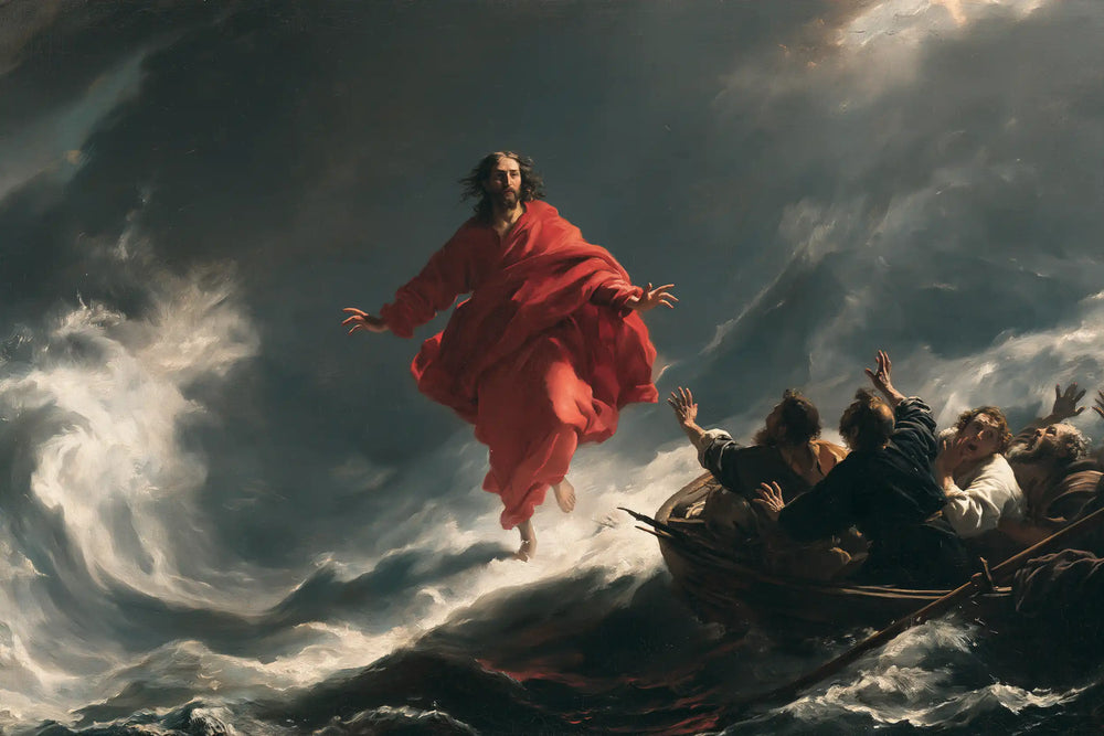 Jesus walking on water in Theatrical Baroque style, landscape Christian artwork no. 17