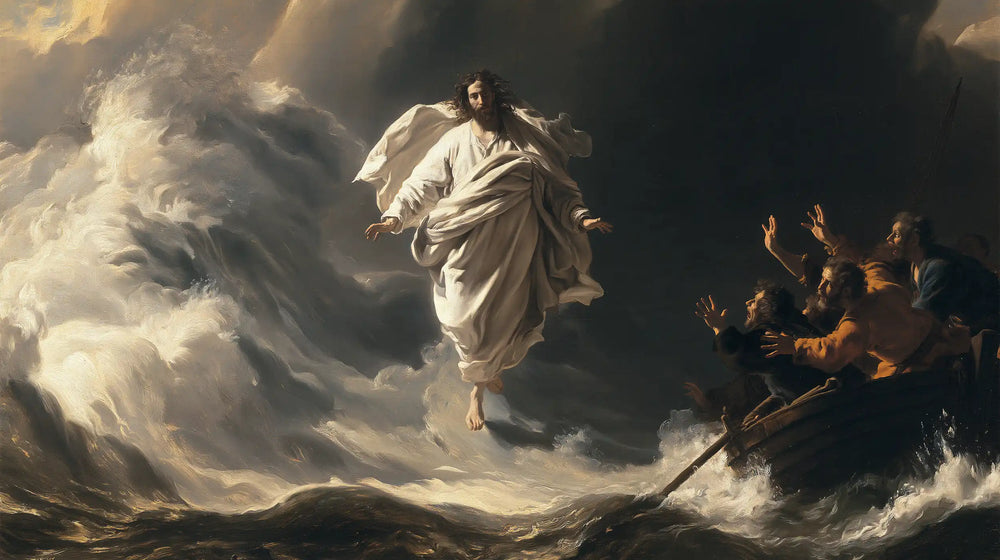 Jesus walking on water in Theatrical Baroque style, landscape Christian artwork no. 25