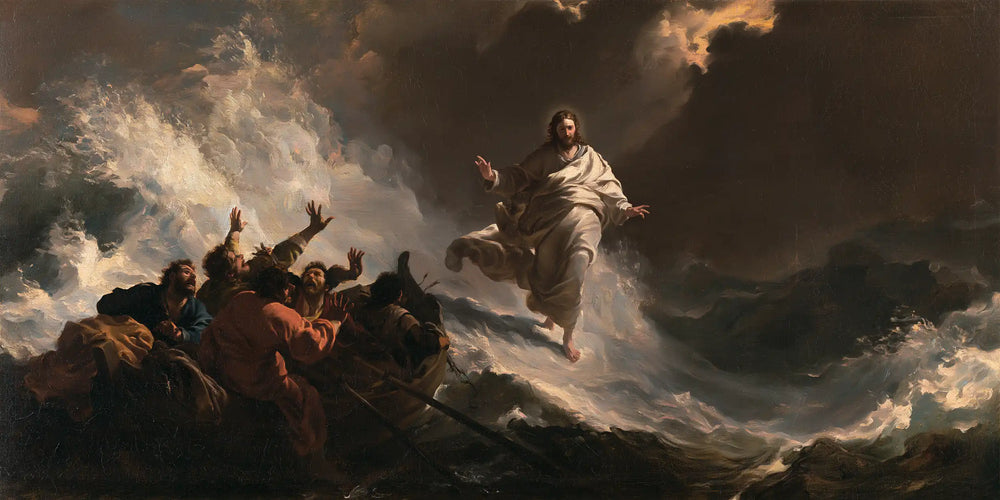 Jesus walking on water in Theatrical Baroque style, landscape Christian artwork no. 32