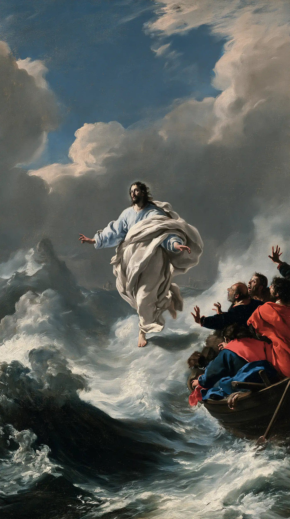 Jesus walking on water in Theatrical Baroque style, portrait Christian artwork no. 3
