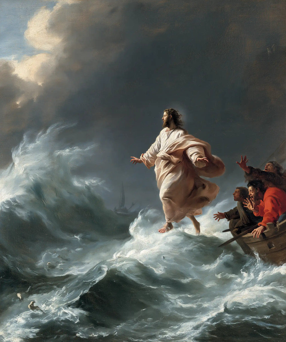 Jesus walking on water in Theatrical Baroque style, portrait Christian artwork no. 17