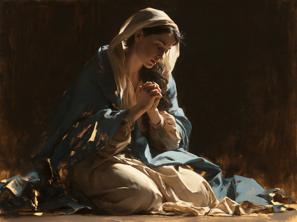 the Virgin Mary in prayer in Black and Gold style, landscape Christian artwork no. 1