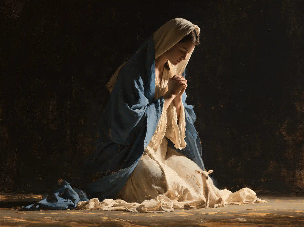 the Virgin Mary in prayer in Black and Gold style, landscape Christian artwork no. 2