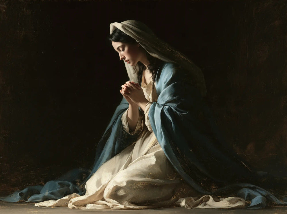 the Virgin Mary in prayer in Black and Gold style, landscape Christian artwork no. 3