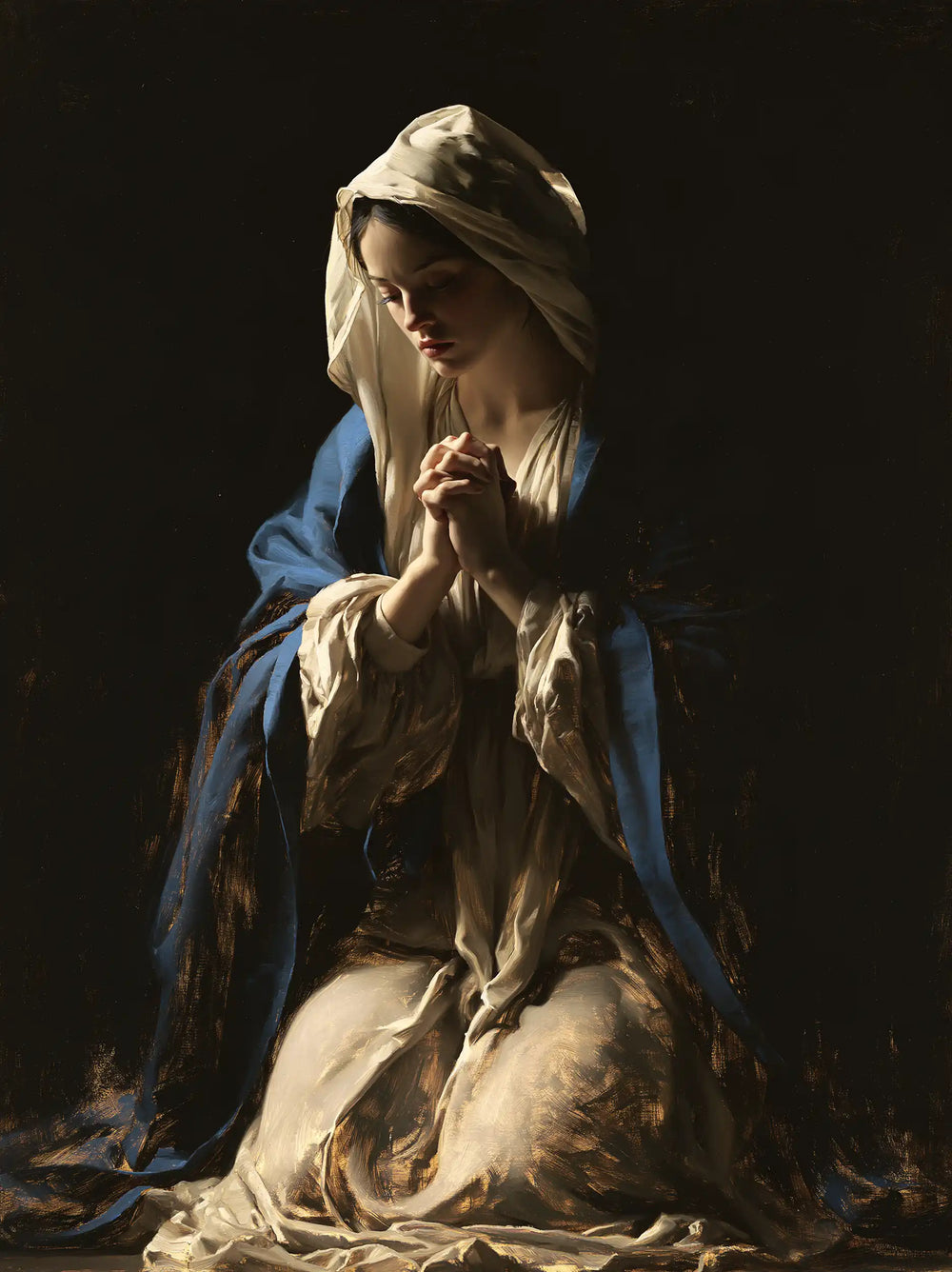 the Virgin Mary in prayer in Black and Gold style, portrait Christian artwork no. 3