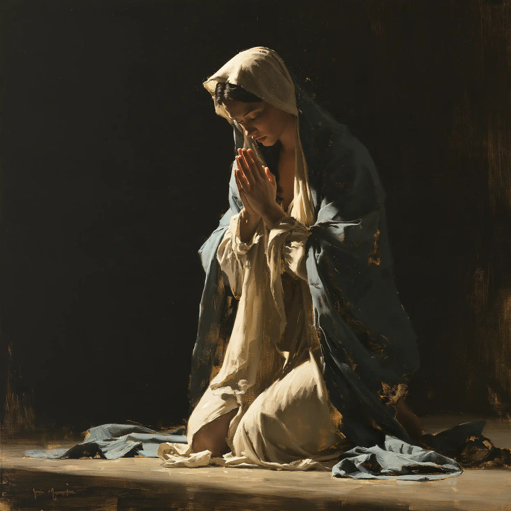 the Virgin Mary in prayer in Black and Gold style, square Christian artwork no. 5