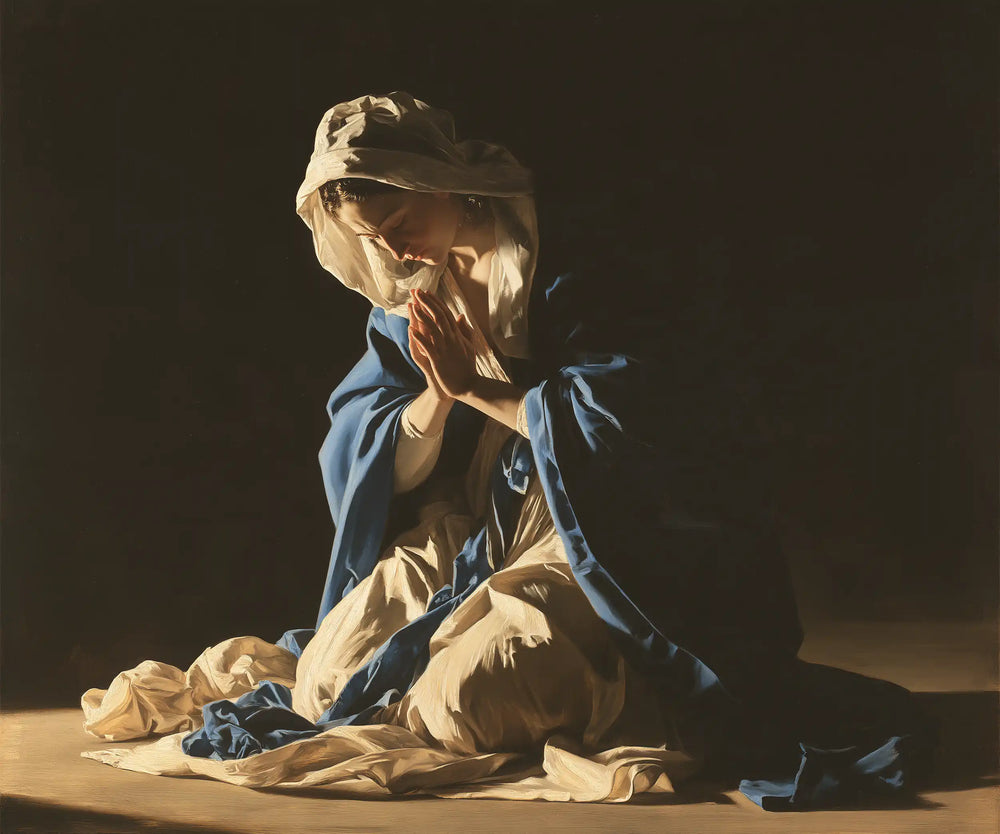 the Virgin Mary in prayer in Caravaggio Tenebrism style, landscape Christian artwork no. 1