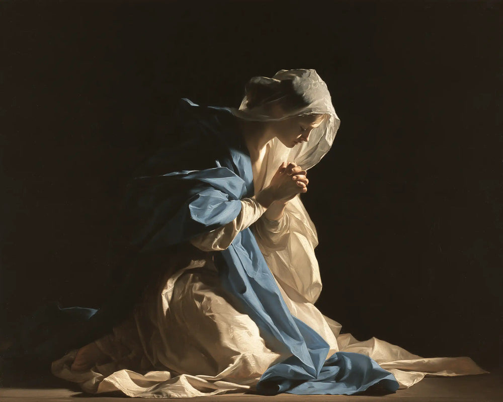 the Virgin Mary in prayer in Caravaggio Tenebrism style, landscape Christian artwork no. 3
