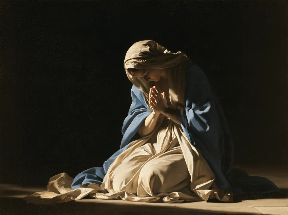 the Virgin Mary in prayer in Caravaggio Tenebrism style, landscape Christian artwork no. 4