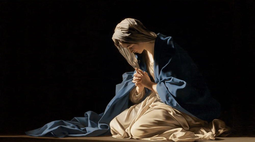 the Virgin Mary in prayer in Caravaggio Tenebrism style, landscape Christian artwork no. 7