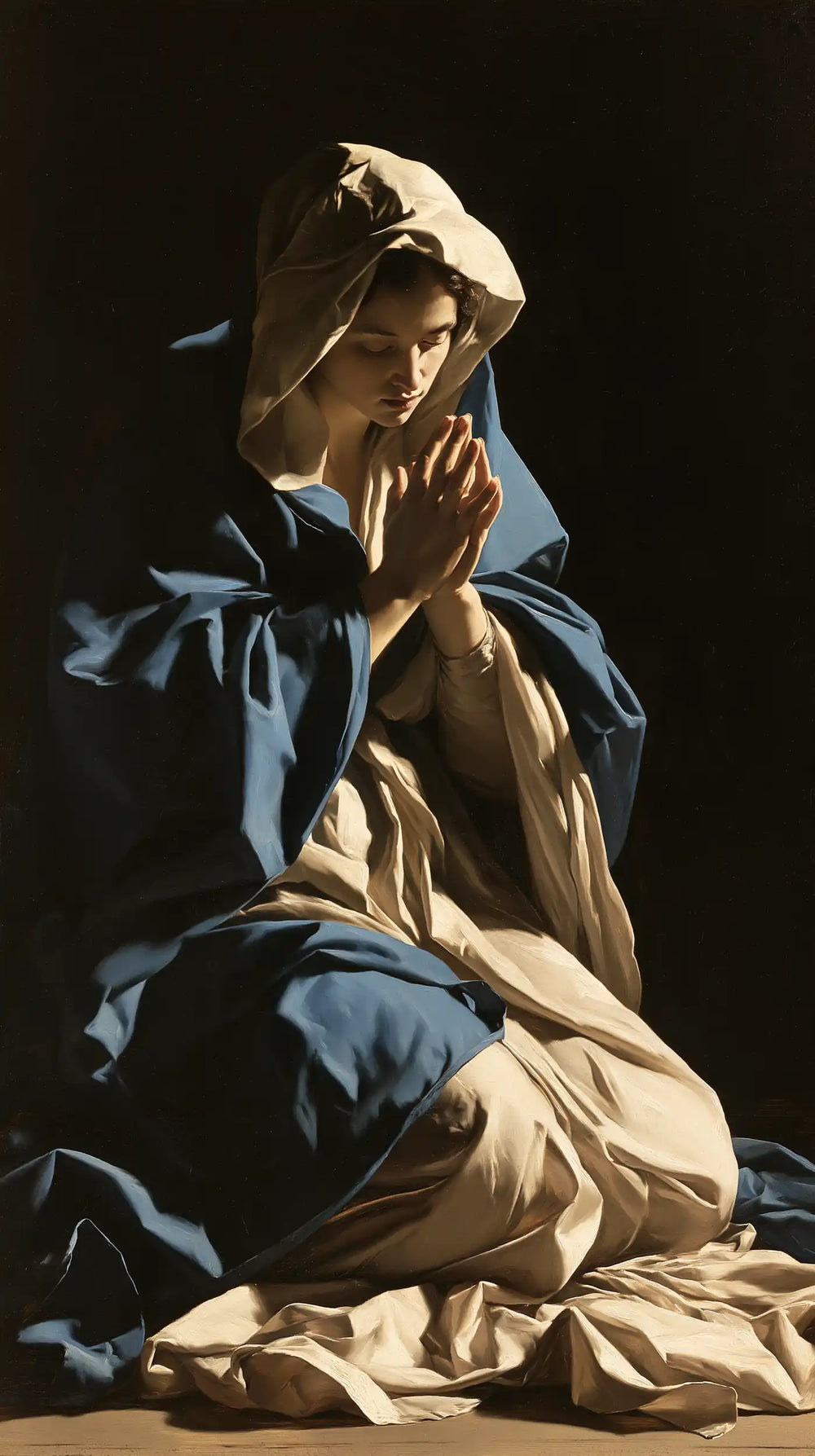 the Virgin Mary in prayer in Caravaggio Tenebrism style, portrait Christian artwork no. 1