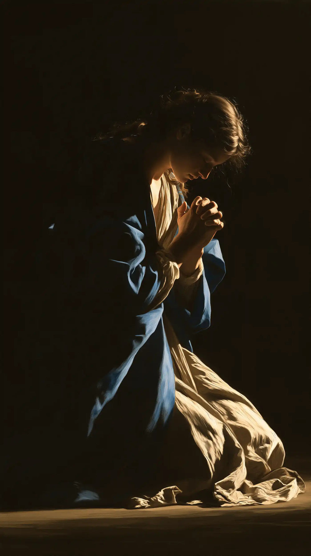 the Virgin Mary in prayer in Caravaggio Tenebrism style, portrait Christian artwork no. 3