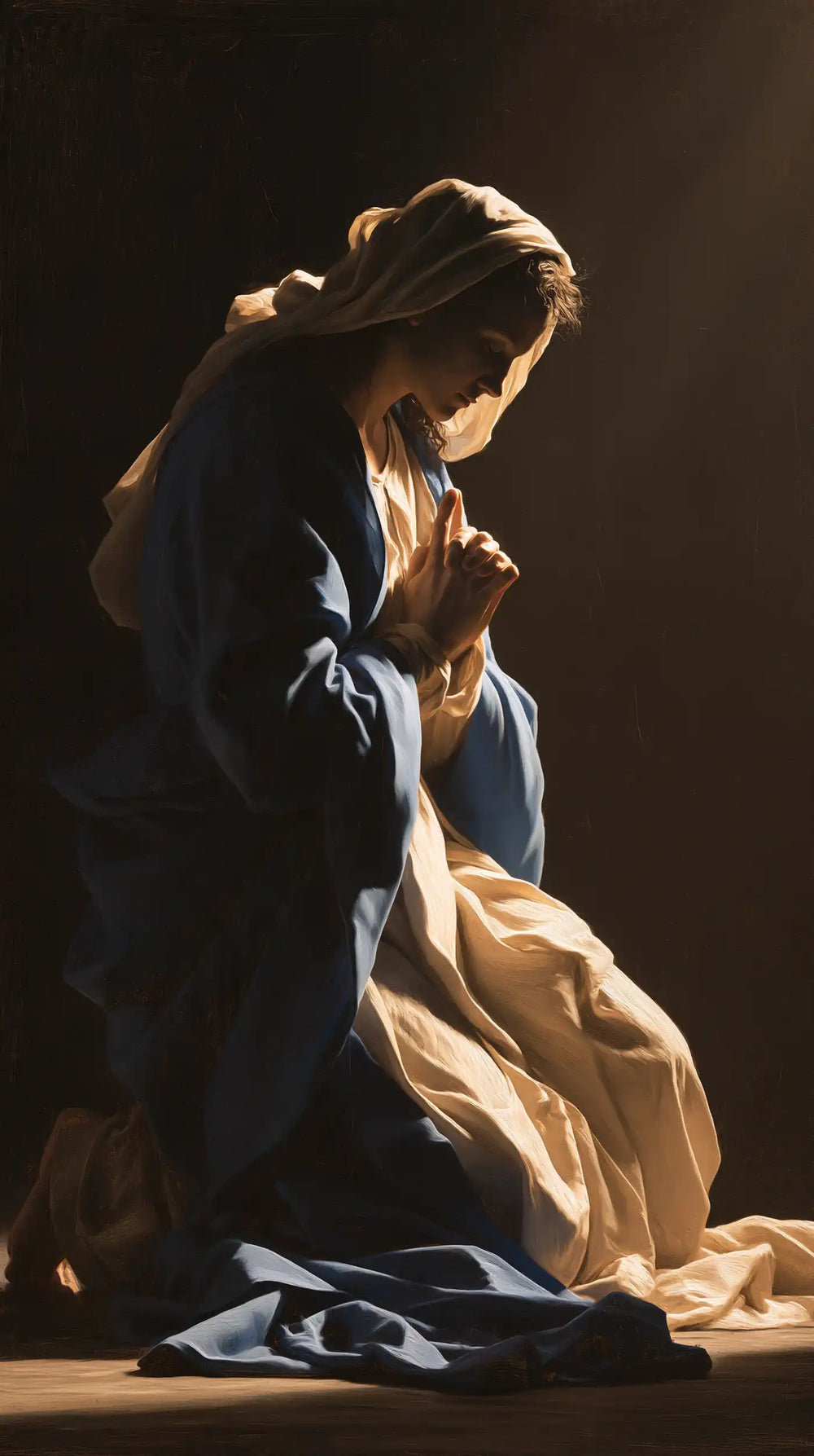 the Virgin Mary in prayer in Caravaggio Tenebrism style, portrait Christian artwork no. 5