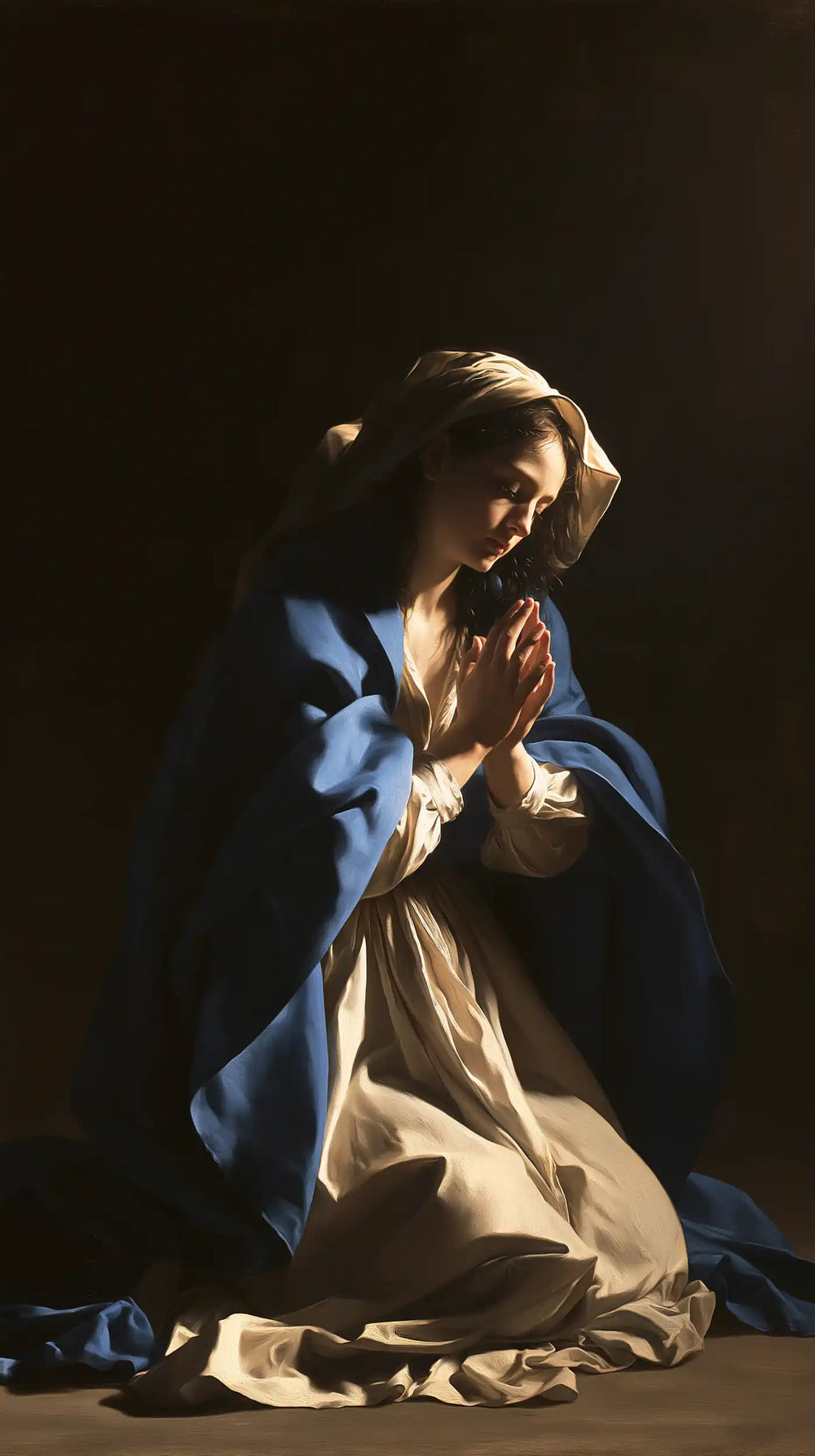 the Virgin Mary in prayer in Caravaggio Tenebrism style, portrait Christian artwork no. 8