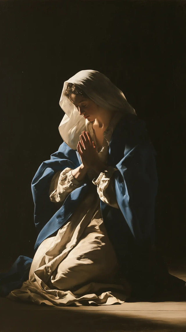 Virgin Mary in Prayer — The Face Sheltered in Her Hands