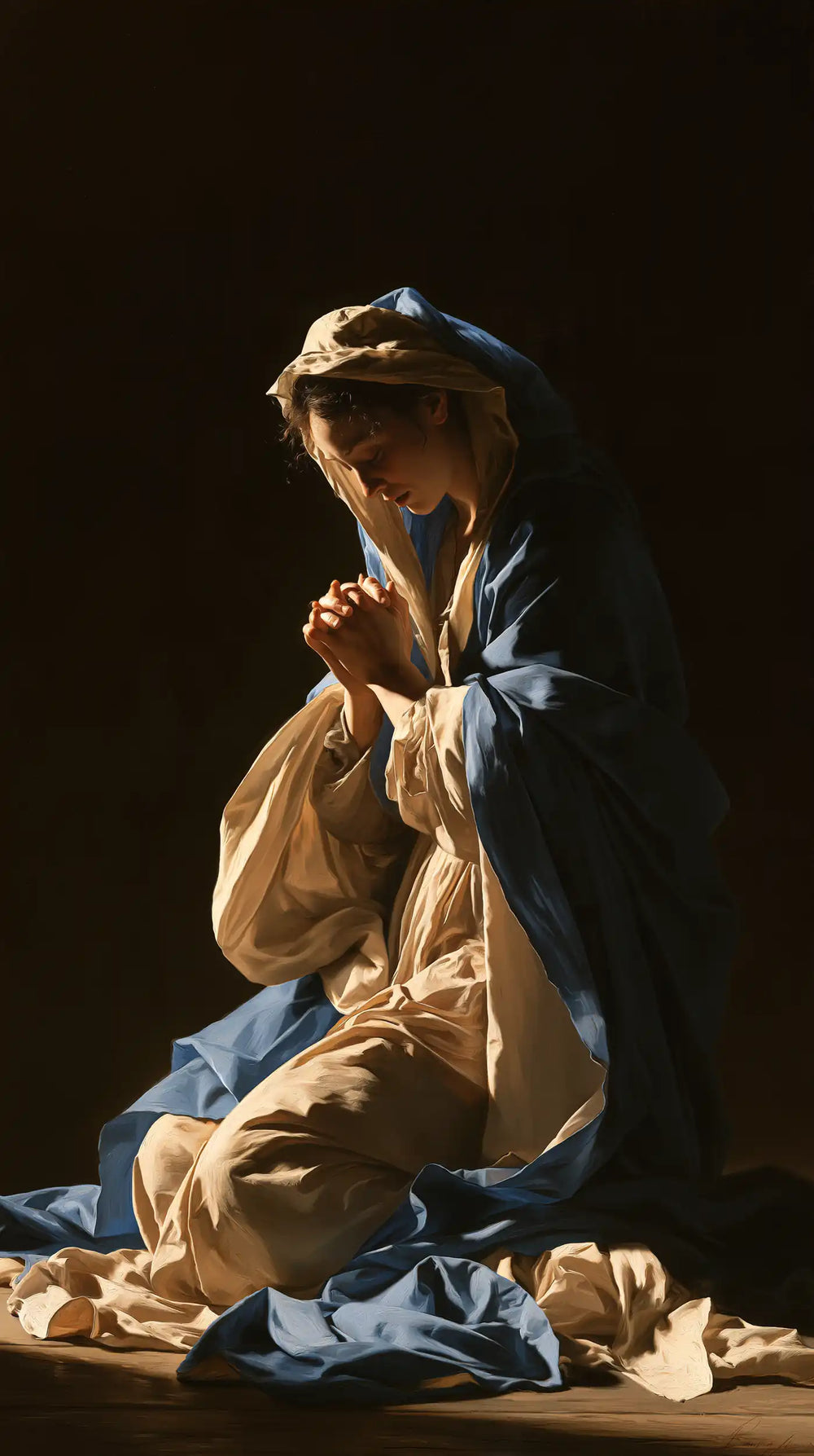 the Virgin Mary in prayer in Caravaggio Tenebrism style, portrait Christian artwork no. 16