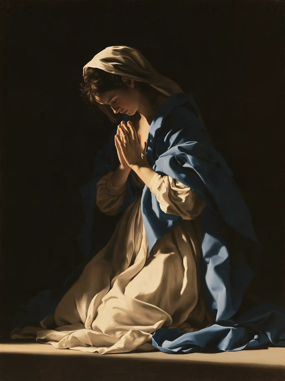 the Virgin Mary in prayer in Caravaggio Tenebrism style, portrait Christian artwork no. 23